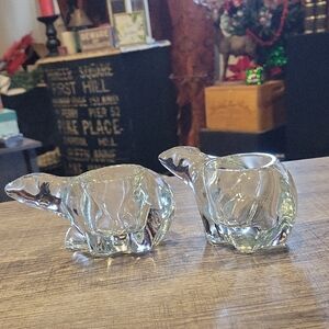 Indiana Glass SET of 2 Polar Bear Crystal Ice Candleholders,EUC